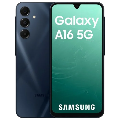 Vista frontal del Samsung Galaxy A16 5G con pantalla de 6,7 pulgadas y diseño elegante