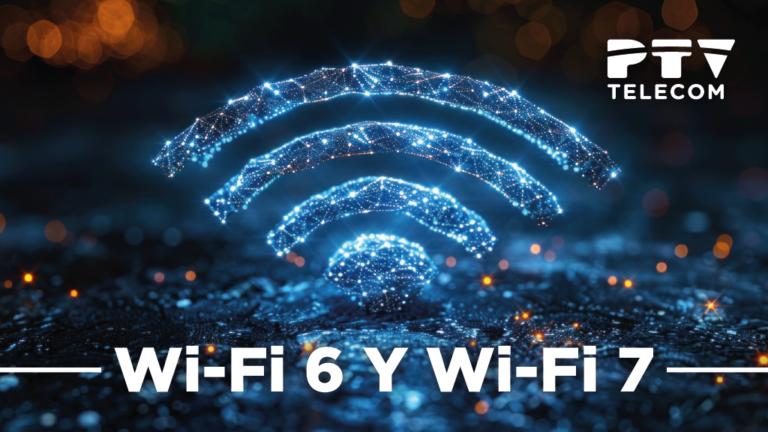 Ondas de Wi-Fi 6 y Wi-Fi 7 con brillo, y logo de PTV Telecom